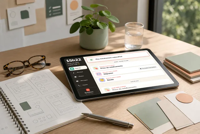 Tablette et croquis d'interface sur un bureau de conception