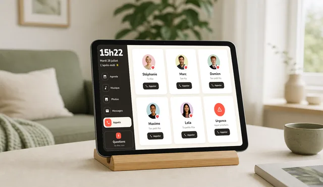 Tablette Cogniti affichant les contacts et l'appel d'urgence