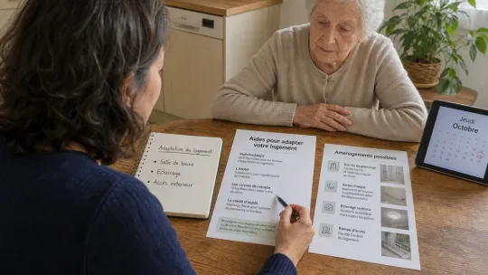 Une fille adulte aide sa mère âgée à examiner un dossier d'aides pour adapter le logement, avec un calendrier et des notes sur la table