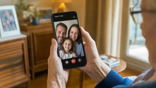 Mains d'une personne âgée tenant un smartphone pendant un appel vidéo avec sa famille, libellé Appel vidéo à l'écran