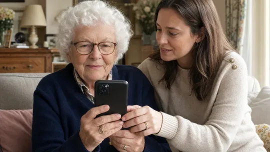 Une aidante montre à une femme âgée comment tenir un smartphone, le dos de l'appareil visible