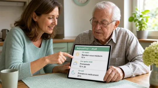 Aidante montrant à son père âgé un calendrier numérique simplifié avec le programme de la journée