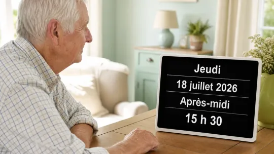 Homme âgé consultant une horloge calendrier affichant Jeudi, la date et Après-midi