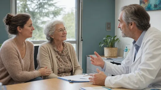 Femme âgée accompagnée de sa fille lors d'une consultation avec un gériatre