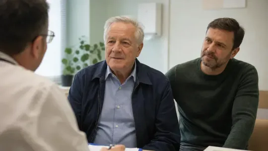 Homme âgé accompagné de son fils lors d'une consultation médicale