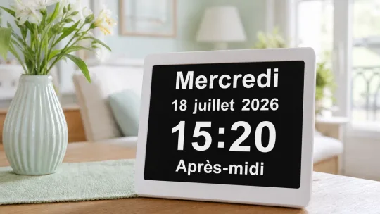 Horloge calendrier numérique affichant Mercredi, la date complète, l'heure et Après-midi en grands caractères