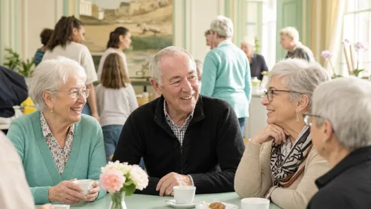 Un petit groupe de seniors échange autour d'un café lors d'une activité conviviale dans une salle municipale lumineuse
