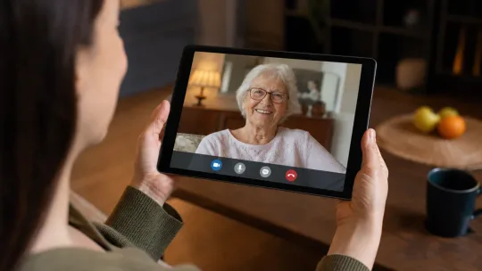Une fille adulte partage un appel vidéo chaleureux avec sa mère âgée assise confortablement chez elle
