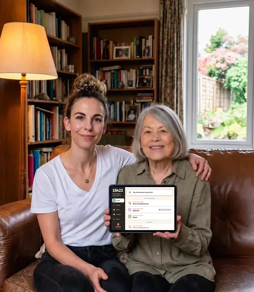 Fille adulte et sa mère senior regardant une tablette ensemble à domicile