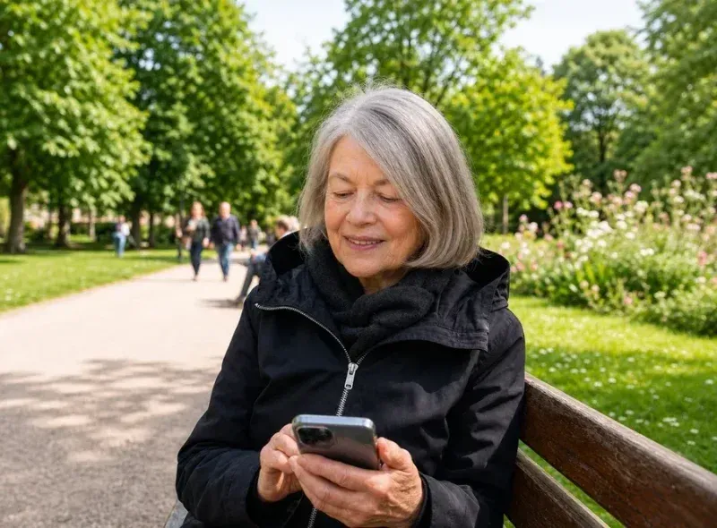 Femme senior consultant son smartphone à l'extérieur