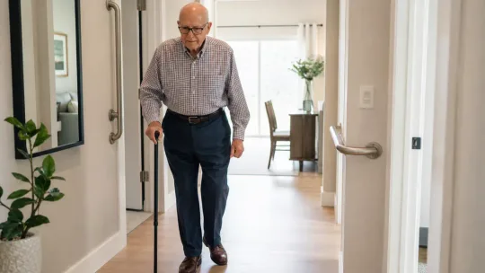 Un homme âgé se déplace prudemment dans le couloir de son logement, canne à la main, près d'une barre d'appui