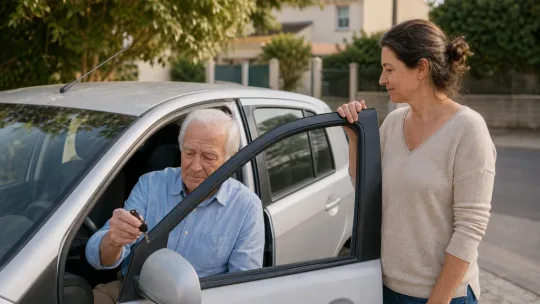 Un homme âgé assis au volant d'une voiture, clés en main, échange calmement avec sa fille adulte