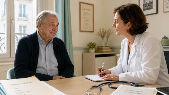Homme âgé en consultation avec une médecin traitante